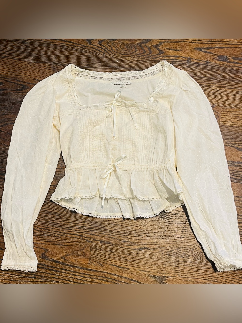 American Eagle  casual Outfitters Cream Square-Neck Peasant Blouse 100% cotton - Picture 9 of 14